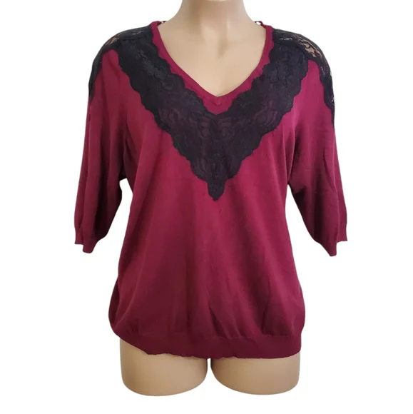 Lane Bryant Black Lace Trim V Neck 3/4 Sleeves Sweater Women's Sz 26/28 Pre-Own - Picture 1 of 11